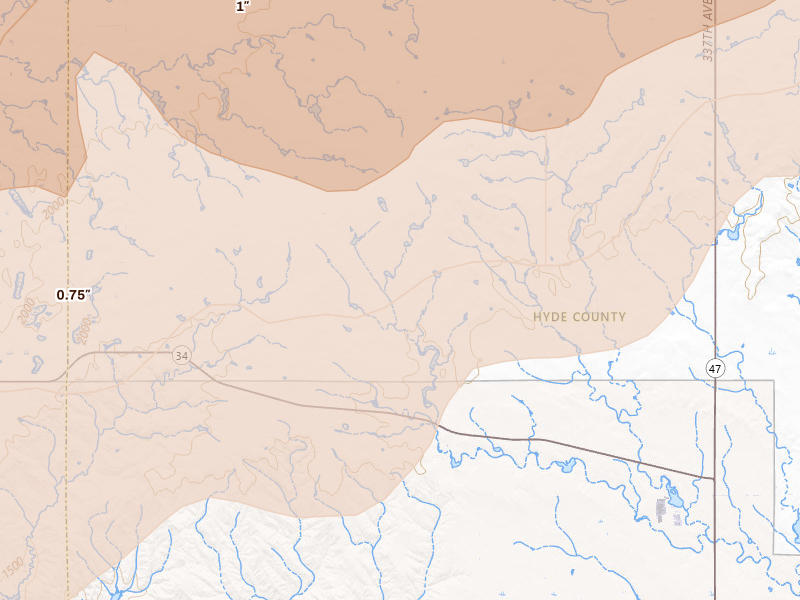 Radar-estimated hail-size map of the storm over Highmore, SD on Jun 28, 2026