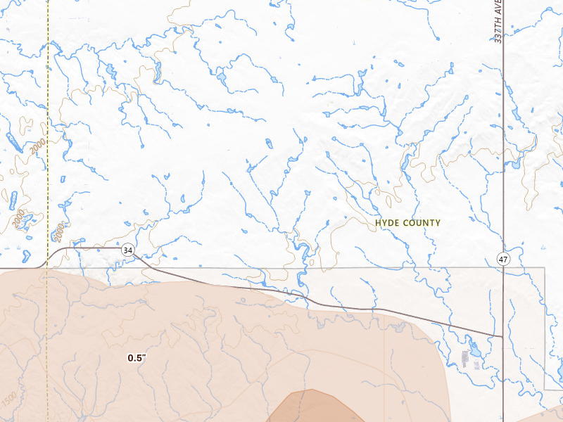 Radar-estimated hail-size map of the storm over Highmore, SD on Jul 2, 2026