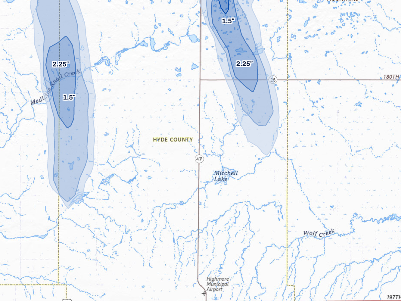 NEXRAD radar-signature map of the hail storm over Highmore, SD on Jul 4, 2026