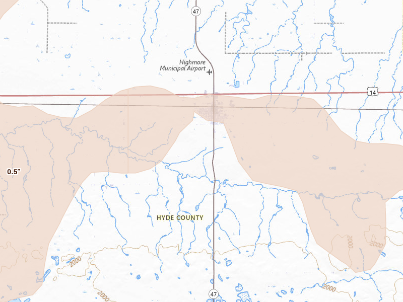 Radar-estimated hail-size map of the storm over Highmore, SD on Jul 25, 2026