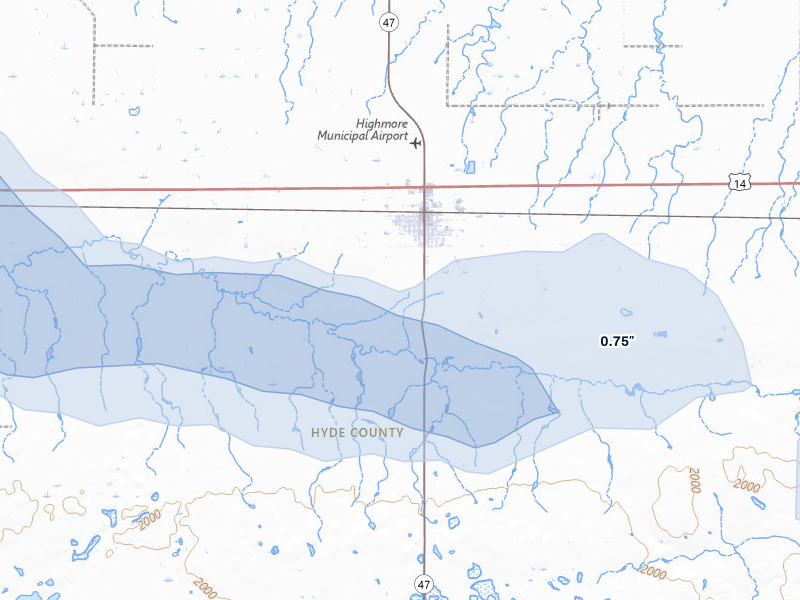 NEXRAD radar-signature map of the hail storm over Highmore, SD on Jul 25, 2026