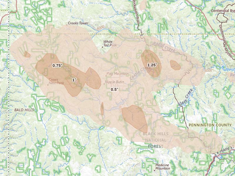 Radar-estimated hail-size map of the storm over Hill City, SD on Jun 4, 2026