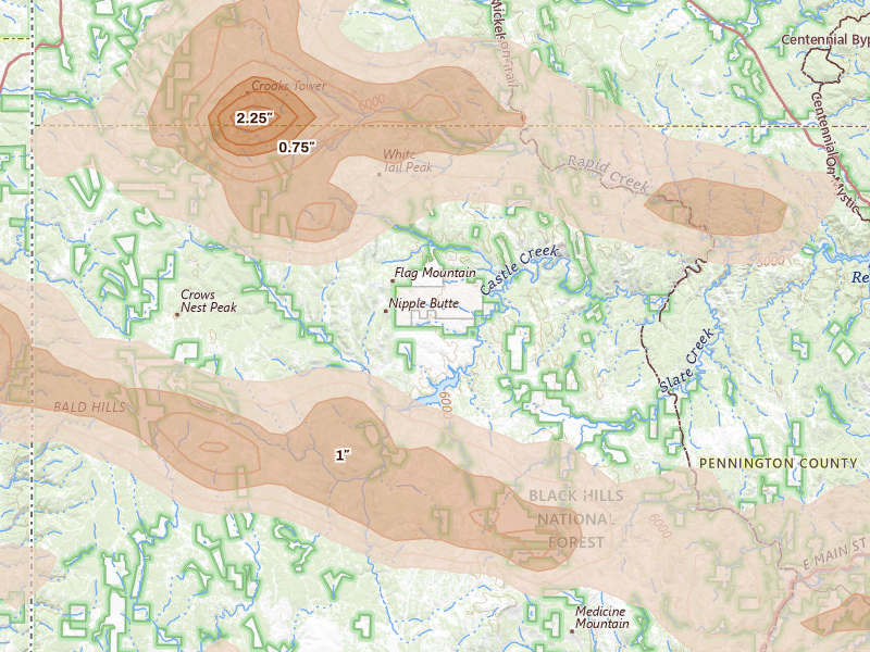Radar-estimated hail-size map of the storm over Hill City, SD on Jul 3, 2026