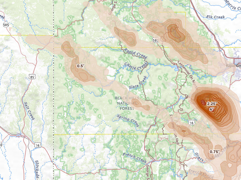 Radar-estimated hail-size map of the storm over Hill City, SD on Aug 11, 2026