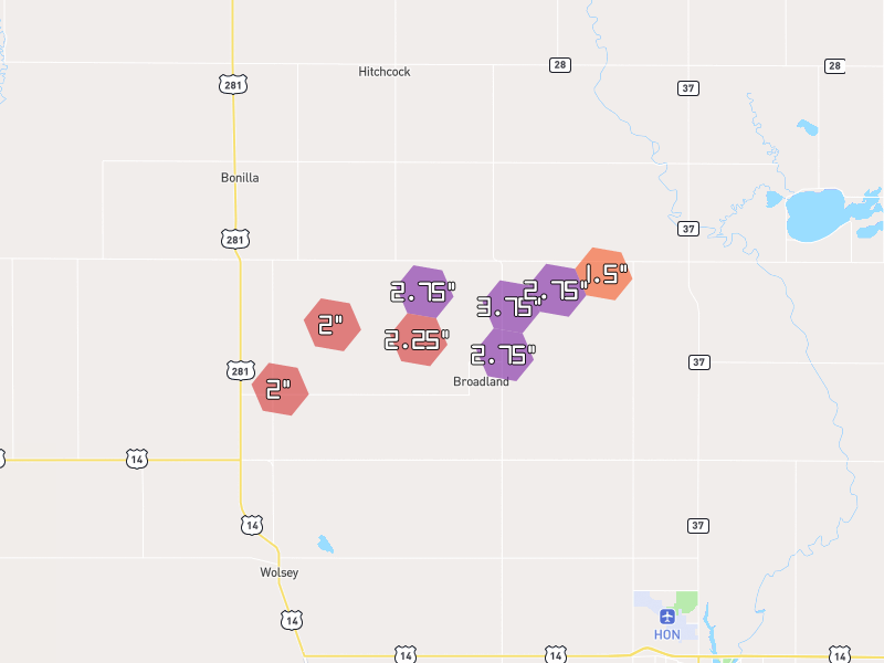 Hail map of Hitchcock, SD on Jun 3, 2026, hail up to 3.75"