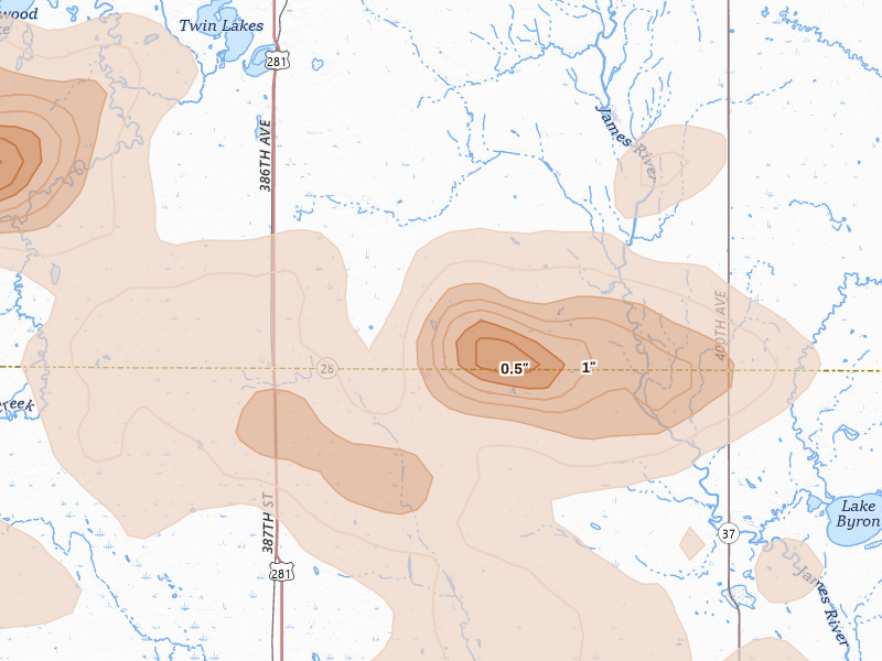 Radar-estimated hail-size map of the storm over Hitchcock, SD on Jun 4, 2026
