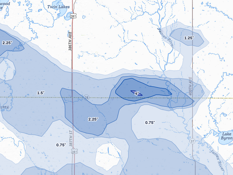 NEXRAD radar-signature map of the hail over Hitchcock, SD