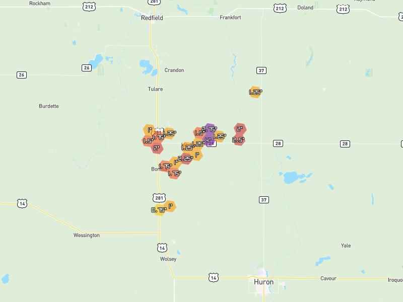 Hail map of Hitchcock, SD on Jun 4, 2026, hail up to 4"