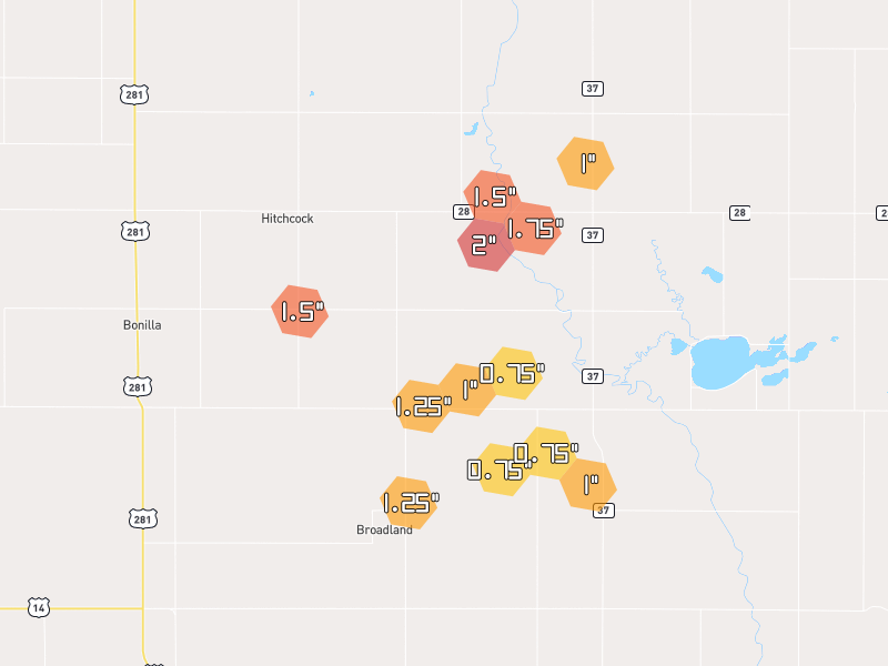 Hail map of Hitchcock, SD on Jun 5, 2026, hail up to 2"