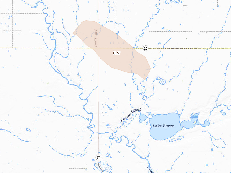 Radar-estimated hail-size map of the storm over Hitchcock, SD on Aug 18, 2026
