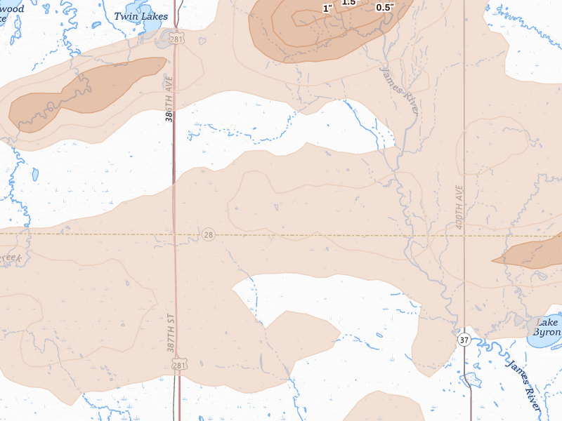 Radar-estimated hail-size map of the storm over Hitchcock, SD on Aug 28, 2026