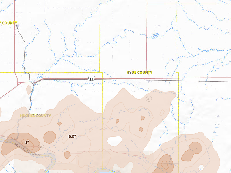 Radar-estimated hail-size map of the storm over Holabird, SD on Jun 9, 2026