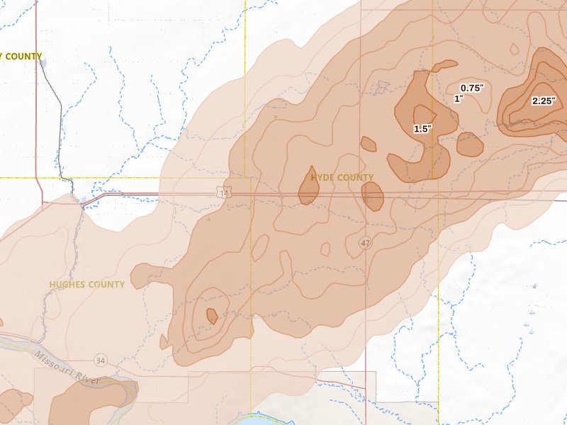 Radar-estimated hail-size map of the storm over Holabird, SD on Jun 28, 2026