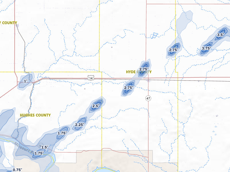 NEXRAD radar-signature map of the hail storm over Holabird, SD on Jun 28, 2026