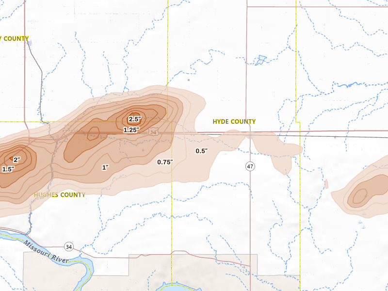 Radar-estimated hail-size map of the storm over Holabird, SD on Jul 25, 2026