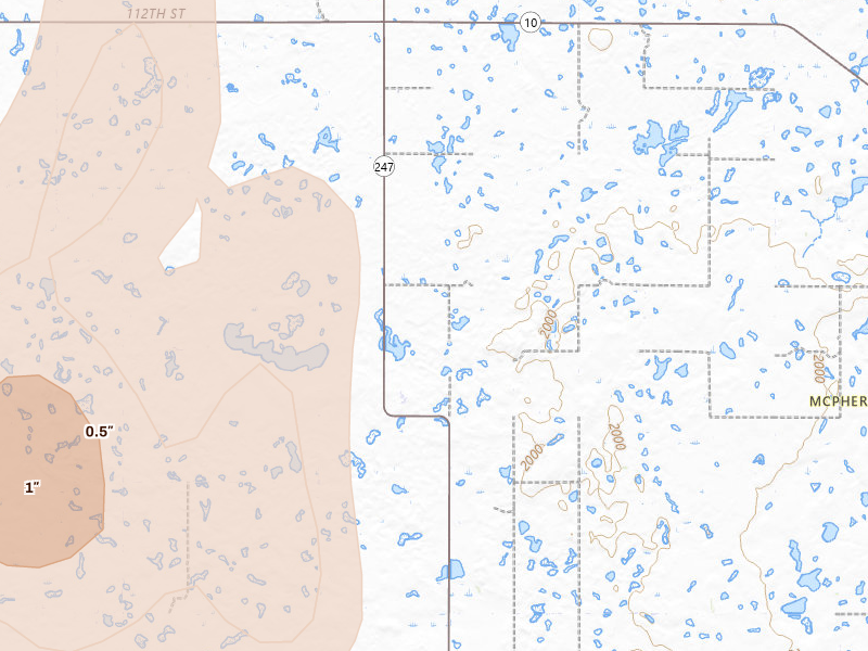Radar-estimated hail-size map of the storm over Hosmer, SD on May 31, 2026