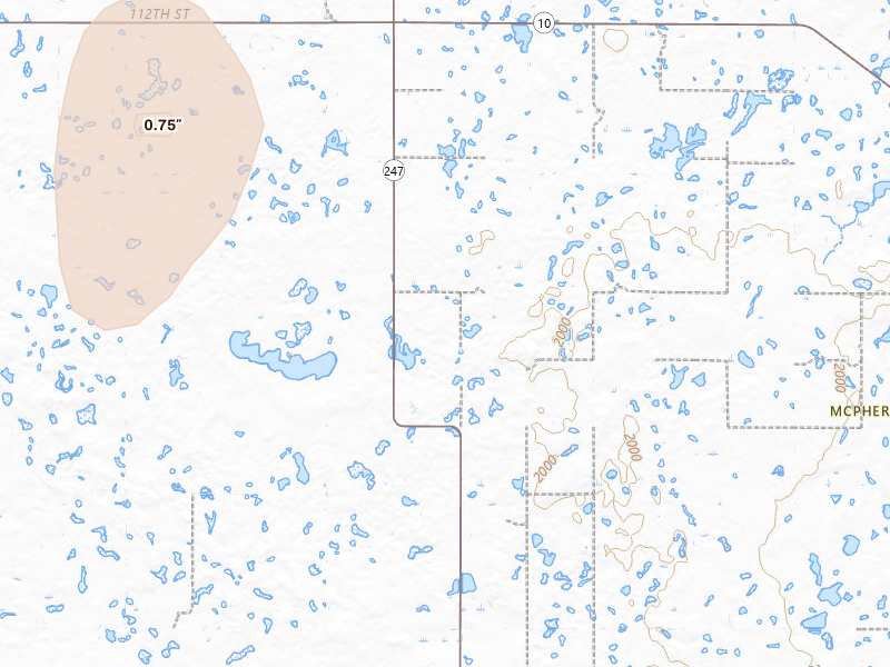 Radar-estimated hail-size map of the storm over Hosmer, SD on Jun 9, 2026