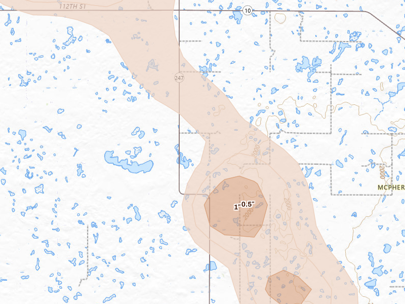 Radar-estimated hail-size map of the storm over Hosmer, SD on Jul 4, 2026
