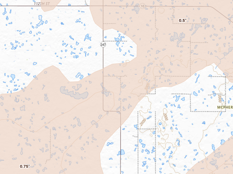 Radar-estimated hail-size map of the storm over Hosmer, SD on Jul 7, 2026