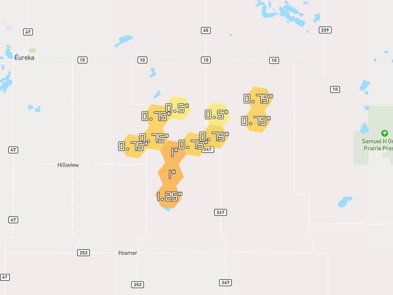 Hail map of Hosmer, SD on Jul 7, 2026, hail up to 1.25"