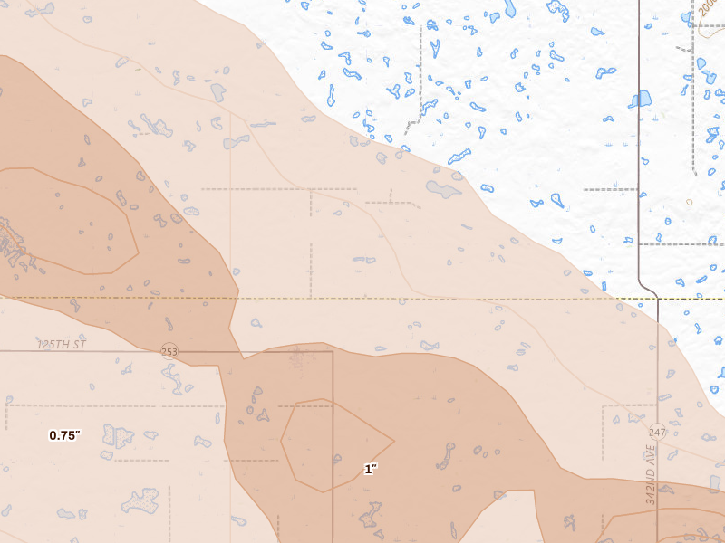 Radar-estimated hail-size map of the storm over Hosmer, SD on Aug 8, 2026