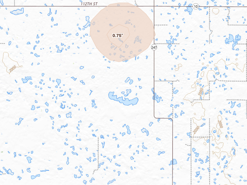 Radar-estimated hail-size map of the storm over Hosmer, SD on Aug 12, 2026
