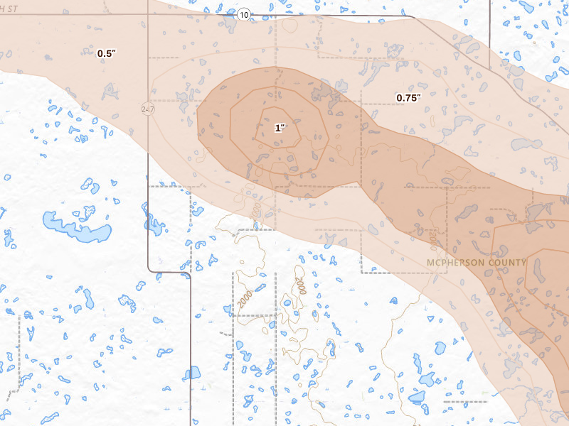 Radar-estimated hail-size map of the storm over Hosmer, SD on Aug 24, 2026