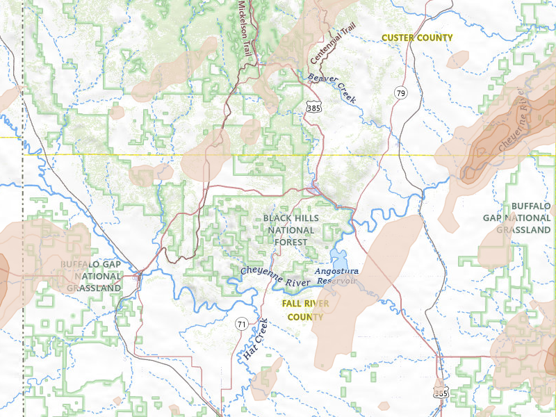 Radar-estimated hail-size map of the storm over Hot Springs, SD on Jun 2, 2026