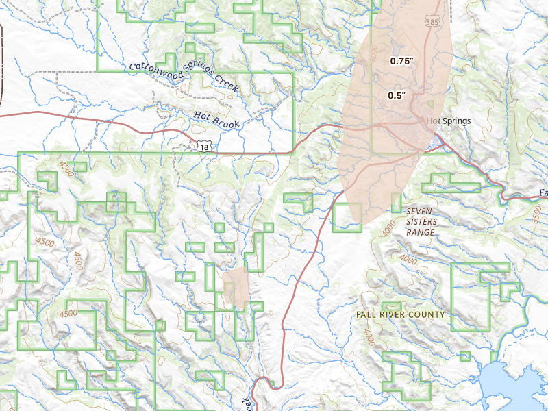 Radar-estimated hail-size map of the storm over Hot Springs, SD on Jun 6, 2026
