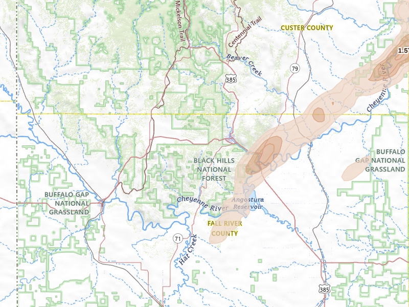 Radar-estimated hail-size map of the storm over Hot Springs, SD on Jun 26, 2026