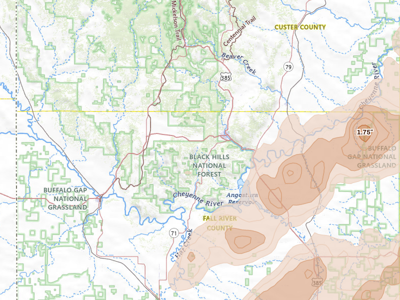 Radar-estimated hail-size map of the storm over Hot Springs, SD on Jun 27, 2026