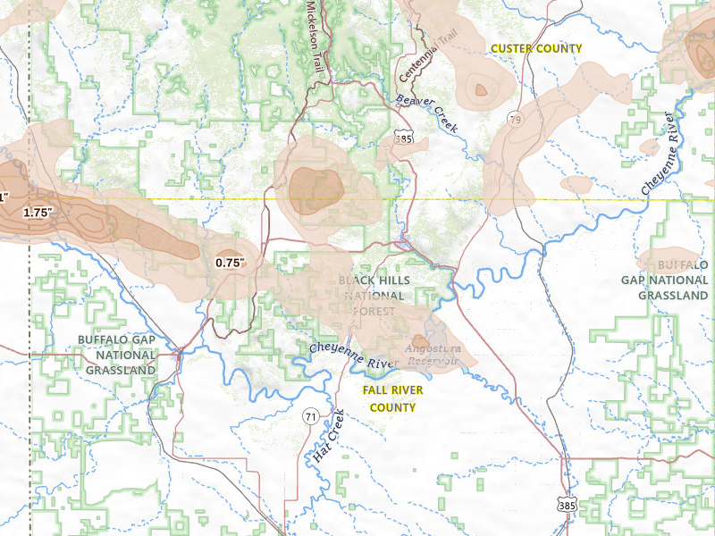 Radar-estimated hail-size map of the storm over Hot Springs, SD on Jul 3, 2026