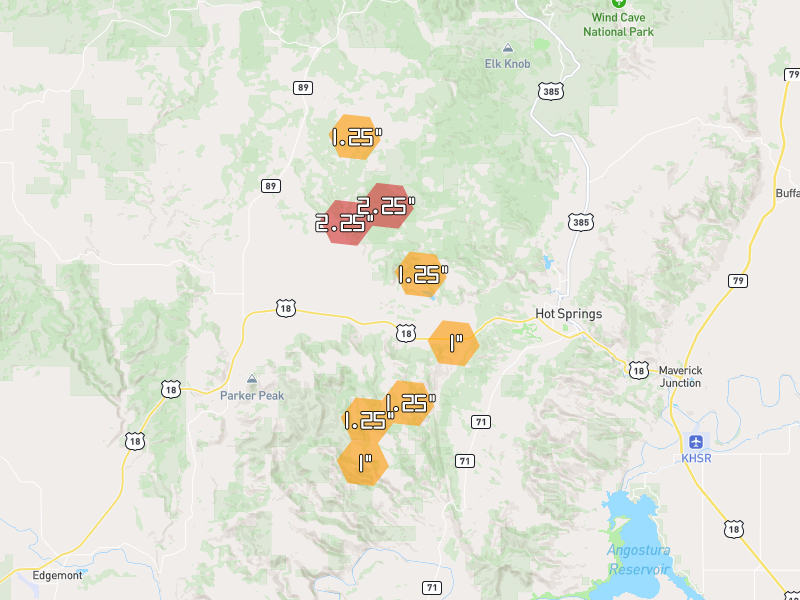 Hail map of Hot Springs, SD on Jul 3, 2026, hail up to 2.25"