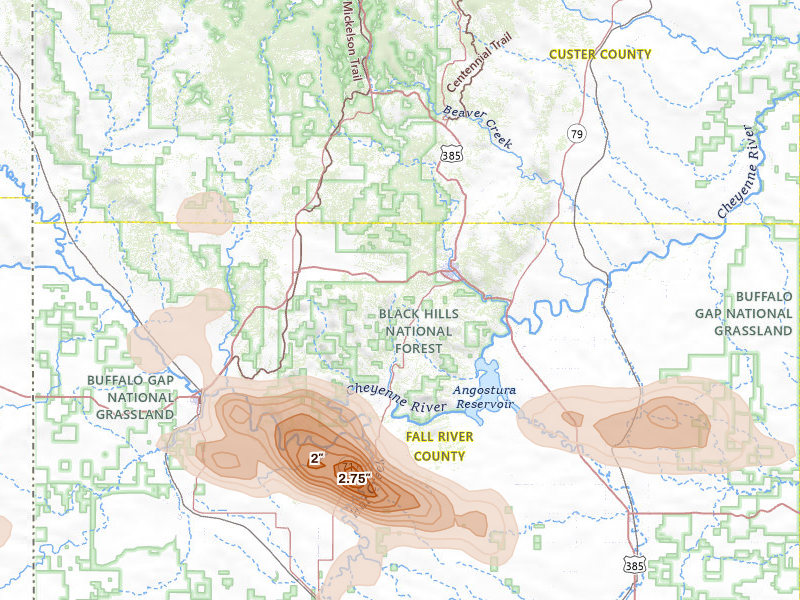 Radar-estimated hail-size map of the storm over Hot Springs, SD on Jul 7, 2026
