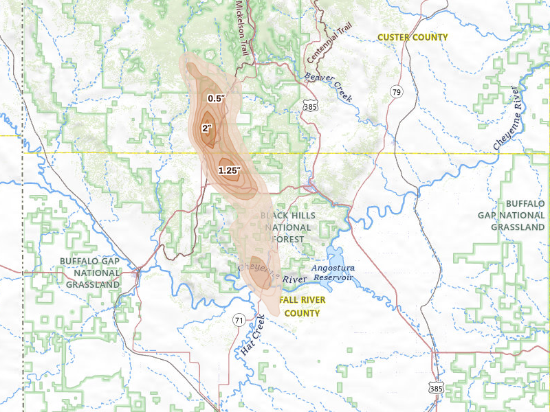 Radar-estimated hail-size map of the storm over Hot Springs, SD on Jul 31, 2026