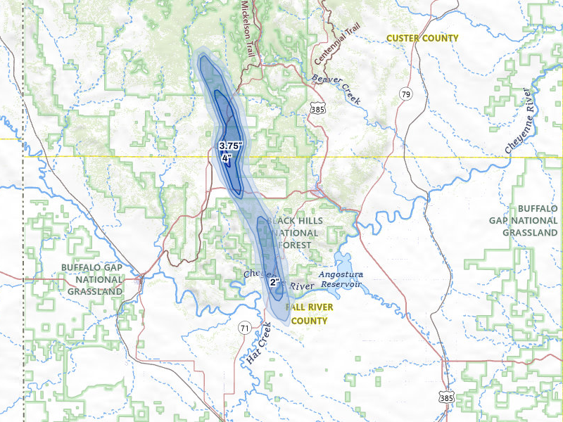 NEXRAD radar-signature map of the hail storm over Hot Springs, SD on Jul 31, 2026