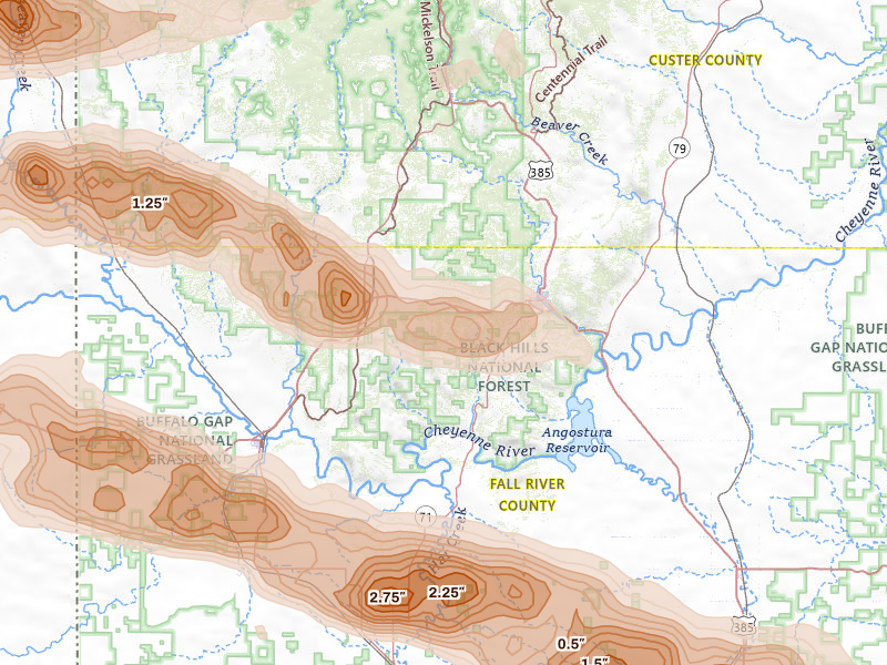 Radar-estimated hail-size map of the storm over Hot Springs, SD on Aug 12, 2026