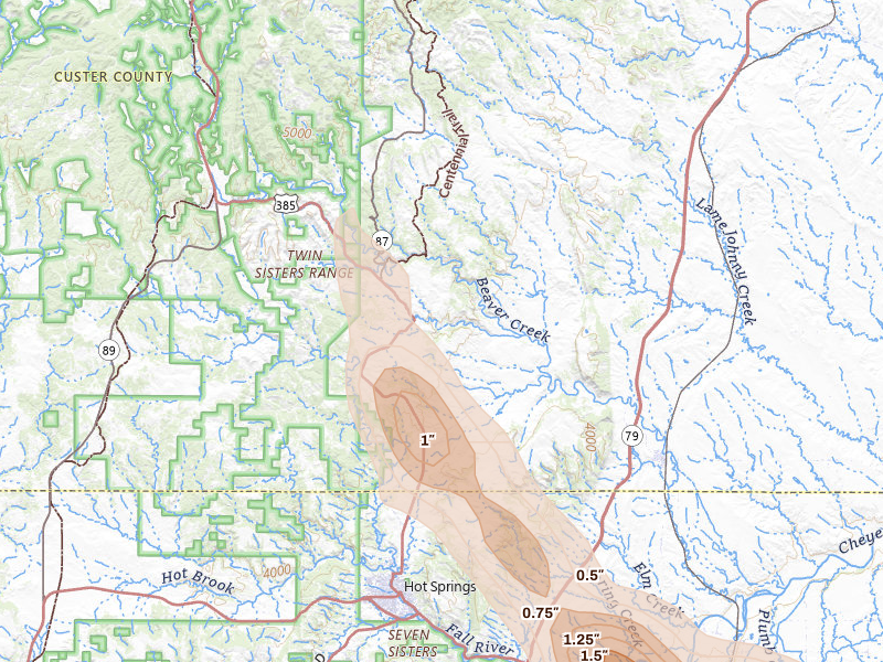 Radar-estimated hail-size map of the storm over Hot Springs, SD on Aug 21, 2026