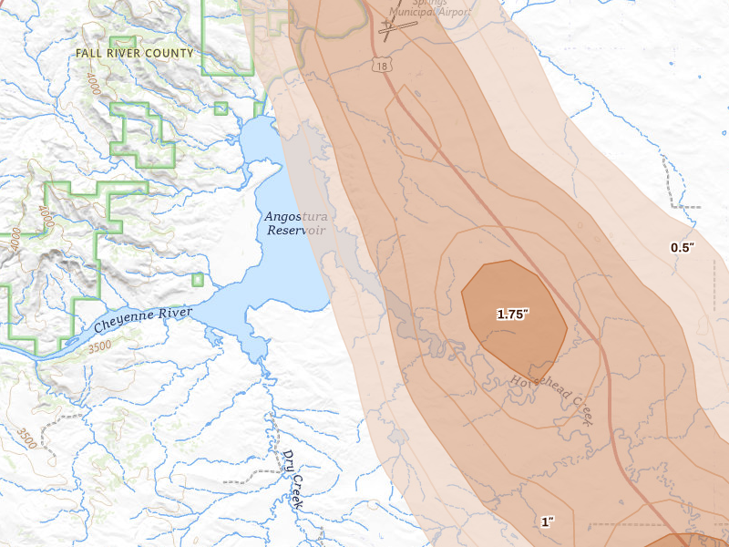 Radar-estimated hail-size map of the storm over Hot Springs, SD on Aug 27, 2026