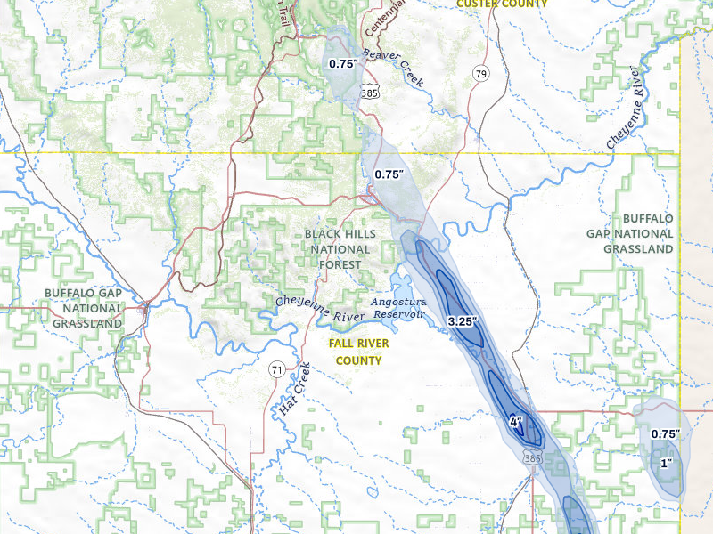 NEXRAD radar-signature map of the hail storm over Hot Springs, SD on Aug 27, 2026