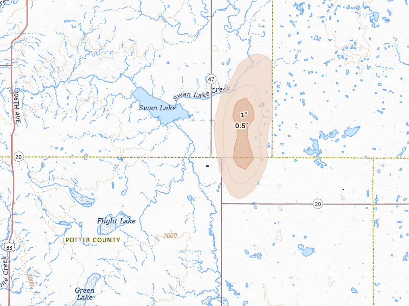 Radar-estimated hail-size map of the storm over Hoven, SD on Jun 2, 2026