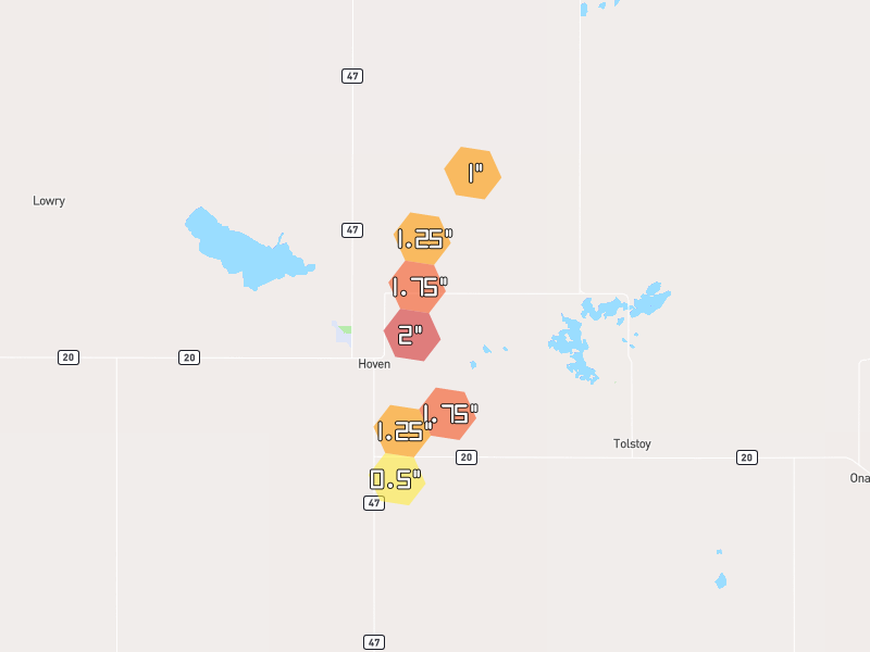 Hail map of Hoven, SD on Jun 2, 2026, hail up to 2"