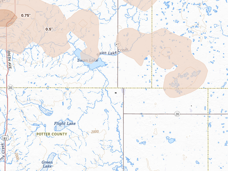 Radar-estimated hail-size map of the storm over Hoven, SD on Jul 7, 2026