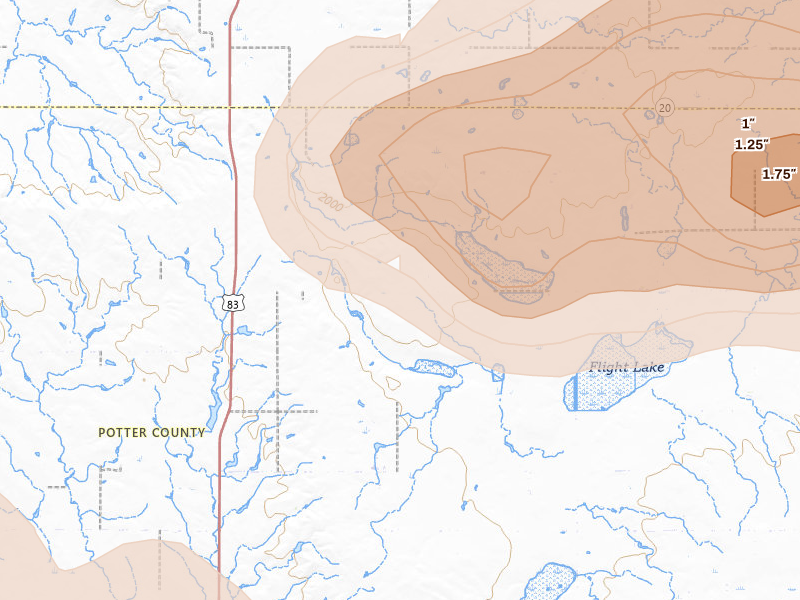 Radar-estimated hail-size map of the storm over Hoven, SD on Aug 29, 2026
