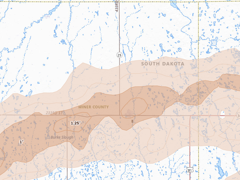 Radar-estimated hail-size map of the storm over Howard, SD on Jul 2, 2026