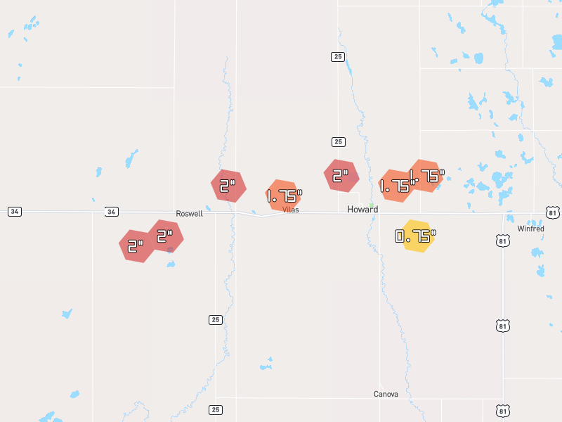 Hail map of Howard, SD on Jul 2, 2026, hail up to 2"