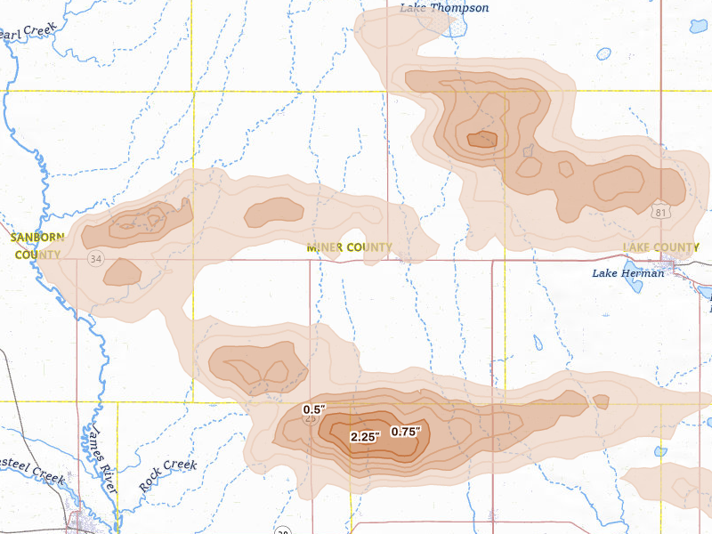 Radar-estimated hail-size map of the storm over Howard, SD on Aug 6, 2026