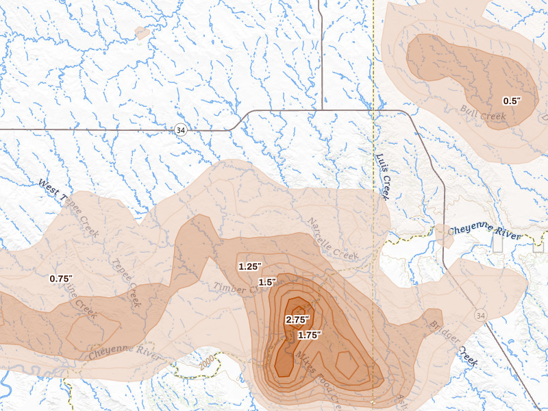 Radar-estimated hail-size map of the storm over Howes, SD on Jul 2, 2026