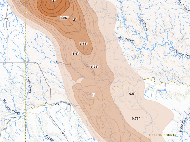 Radar-estimated hail-size map of the storm over Howes, SD on Aug 10, 2026