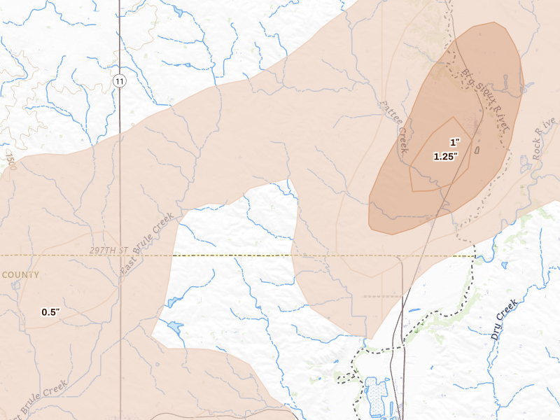 Radar-estimated hail-size map of the storm over Hudson, SD on May 17, 2026